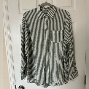 Green/off white striped button down shirt